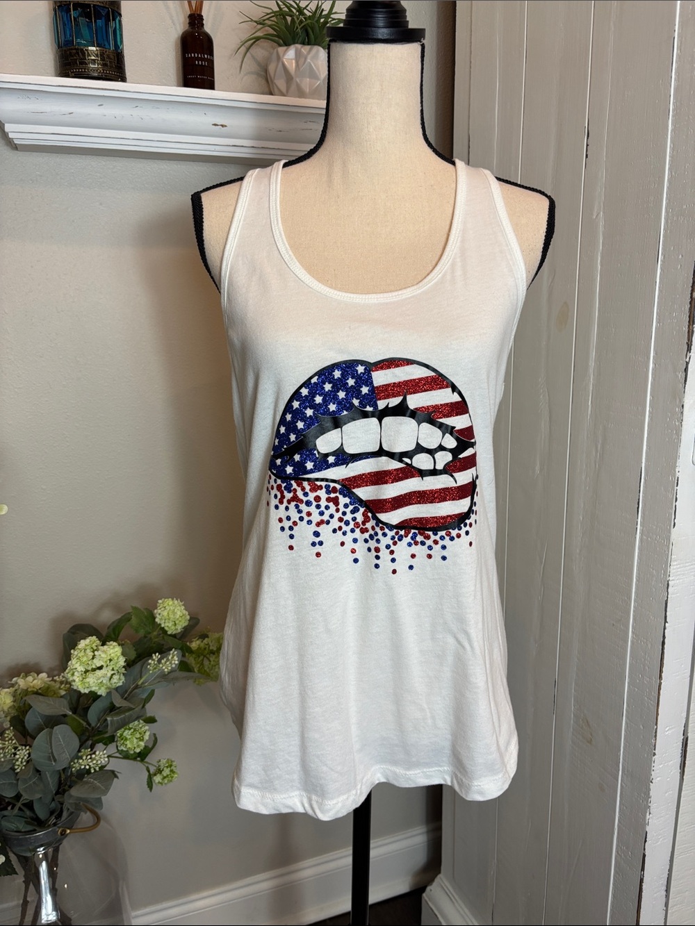 White Sleeveless Tank with American Flag Lip Graphic